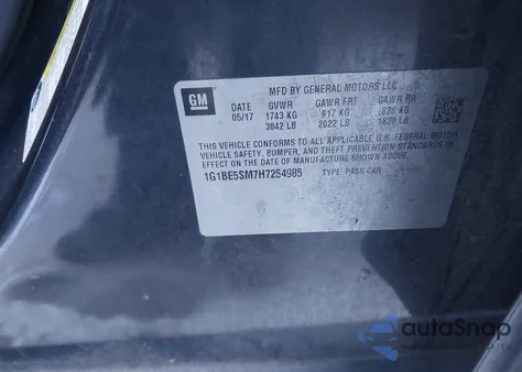 2017 Chevrolet Cruze Lt Auto z USA, uszkodzony, nr VIN 1G1BE5SM7H7254985